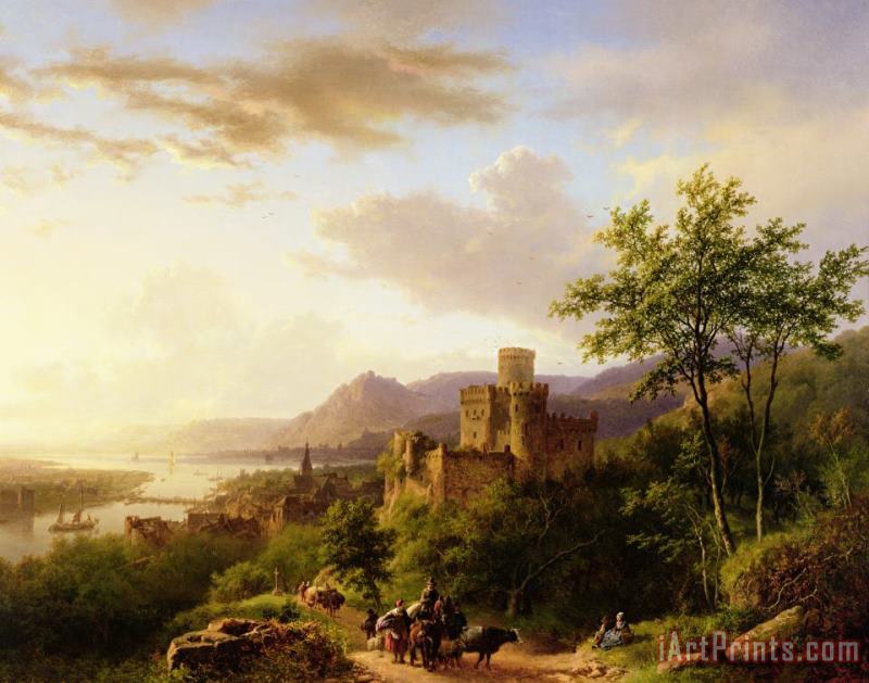 Barend Cornelis Koekkoek Travellers on a Path in an extensive Rhineland Landscape Art Painting