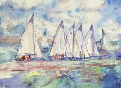 Sports Art for sale - Blue Sailboats by Brenda Brin Booker