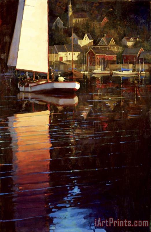 New England Sunset Sail painting - brent lynch New England Sunset Sail Art Print