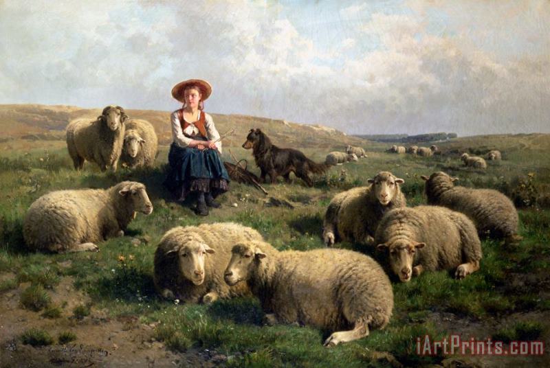 Shepherdess with Sheep in a Landscape painting - C Leemputten and T Gerard Shepherdess with Sheep in a Landscape Art Print