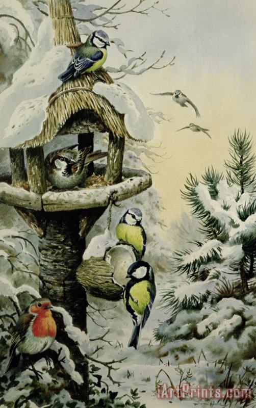 Winter Bird Table with Blue Tits painting - Carl Donner Winter Bird Table with Blue Tits Art Print