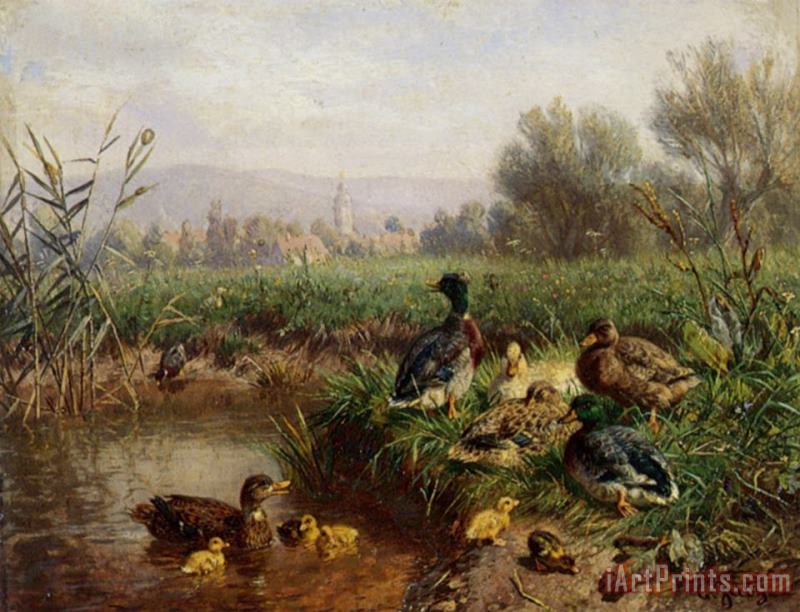 Carl Jutz Ducks by a Pond Art Painting