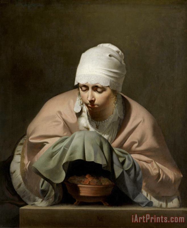 A Young Woman Warming Her Hands Over a Brazier: Allegory of Winter painting - Caesar Boetius van Everdingen A Young Woman Warming Her Hands Over a Brazier: Allegory of Winter Art Print