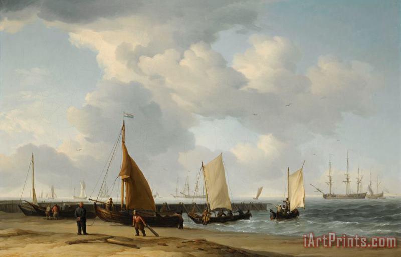 A Dutch Beach Scene with a Man of War in The Distance painting - Charles Brooking A Dutch Beach Scene with a Man of War in The Distance Art Print