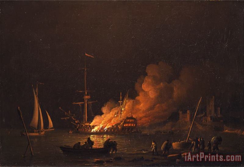 Charles Brooking Ship on Fire at Night Art Print
