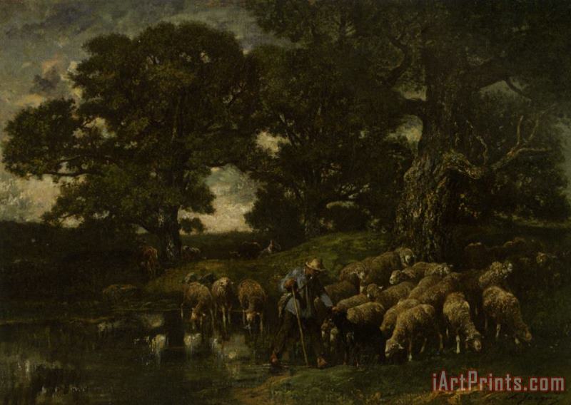 A Shepherd And His Flock by a Pond painting - Charles Emile Jacque A Shepherd And His Flock by a Pond Art Print