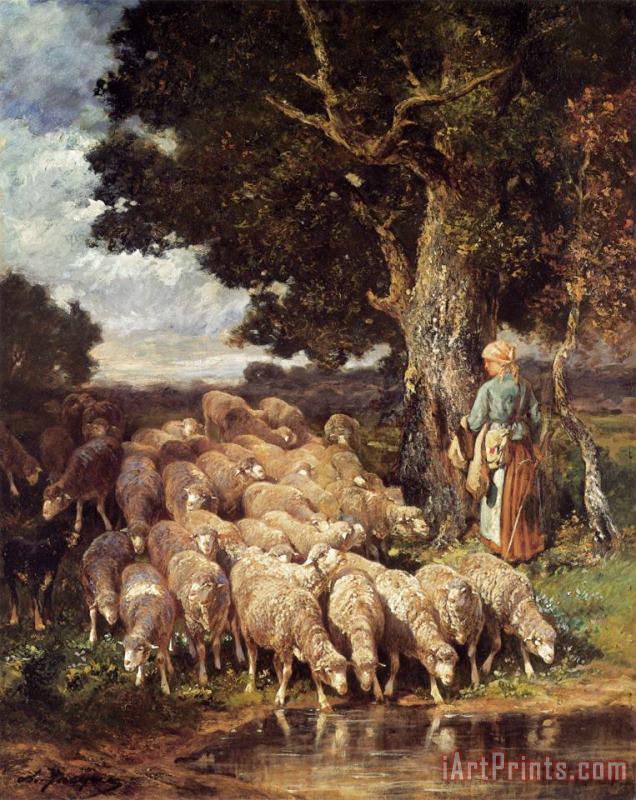 Charles Emile Jacque A Shepherdess with Her Flock Near a Stream Art Painting