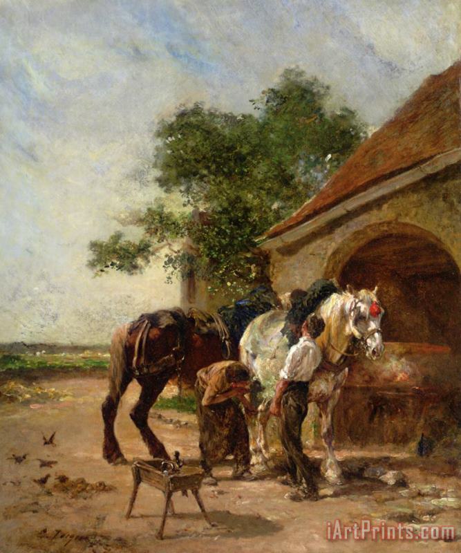 Charles Emile Jacque Attending to The Horses Art Painting