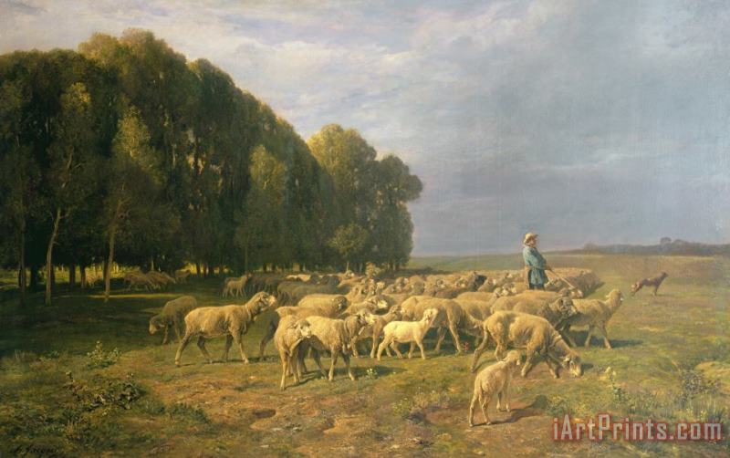 Charles Emile Jacque Flock of Sheep in a Landscape Art Painting