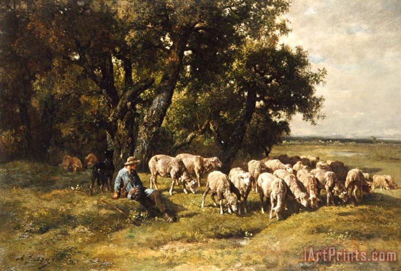 Charles Emile Jacques A shepherd and his flock Art Painting