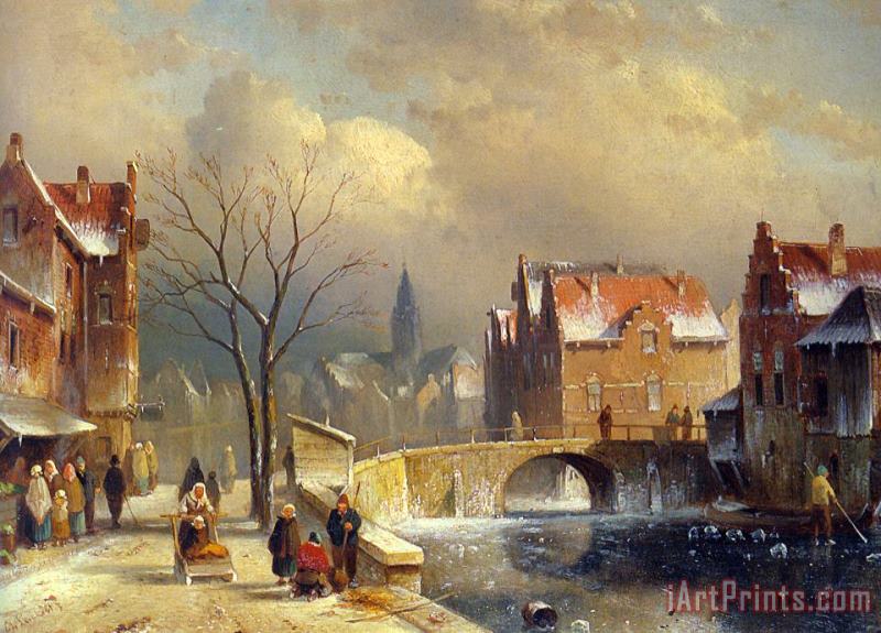 Winter Villagers on a Snowy Street by a Canal painting - Charles Henri Joseph Leickert Winter Villagers on a Snowy Street by a Canal Art Print