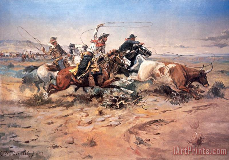 Cowboys roping a steer painting - Charles Marion Russell Cowboys roping a steer Art Print
