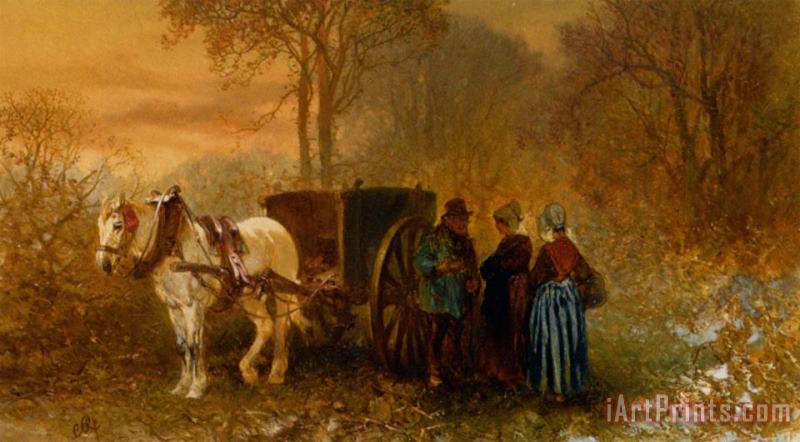 Charles Rochussen Travellers by a Horse And Cart in a Wooded Landscape Art Painting