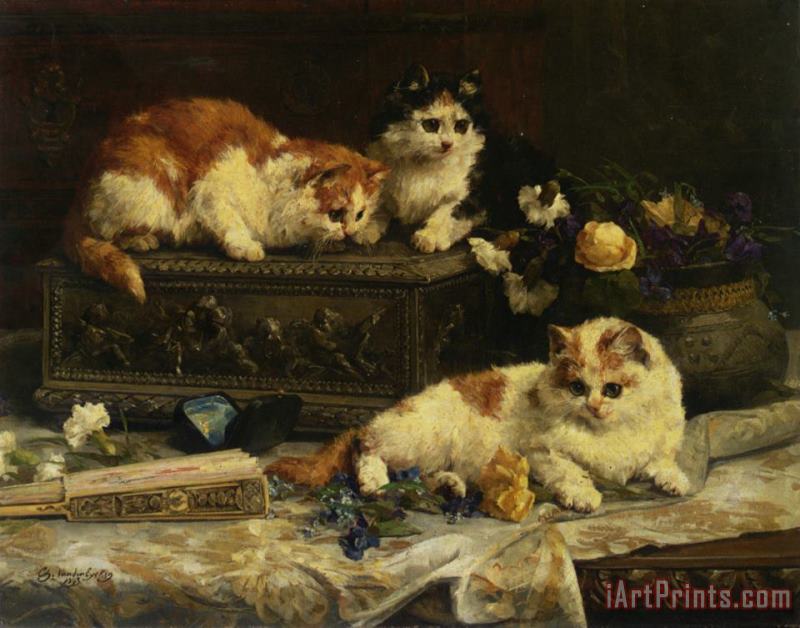 The Three Kittens painting - Charles van den Eycken The Three Kittens Art Print