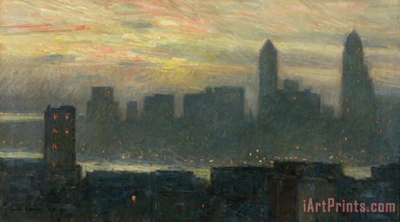 Manhattans Misty Sunset painting - Childe Hassam Manhattans Misty Sunset Art Print