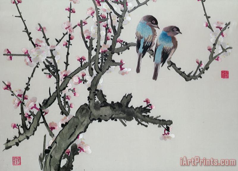 Chinese School Pair of birds on a cherry branch Art Painting