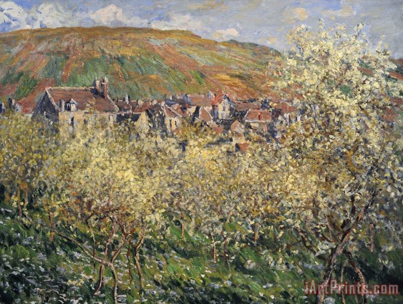 Plum Trees In Blossom At Vetheuil painting - Claude Monet Plum Trees In Blossom At Vetheuil Art Print