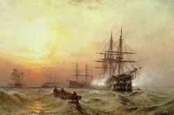 Claude T Stanfield Moore Man-o-War firing a salute at sunset