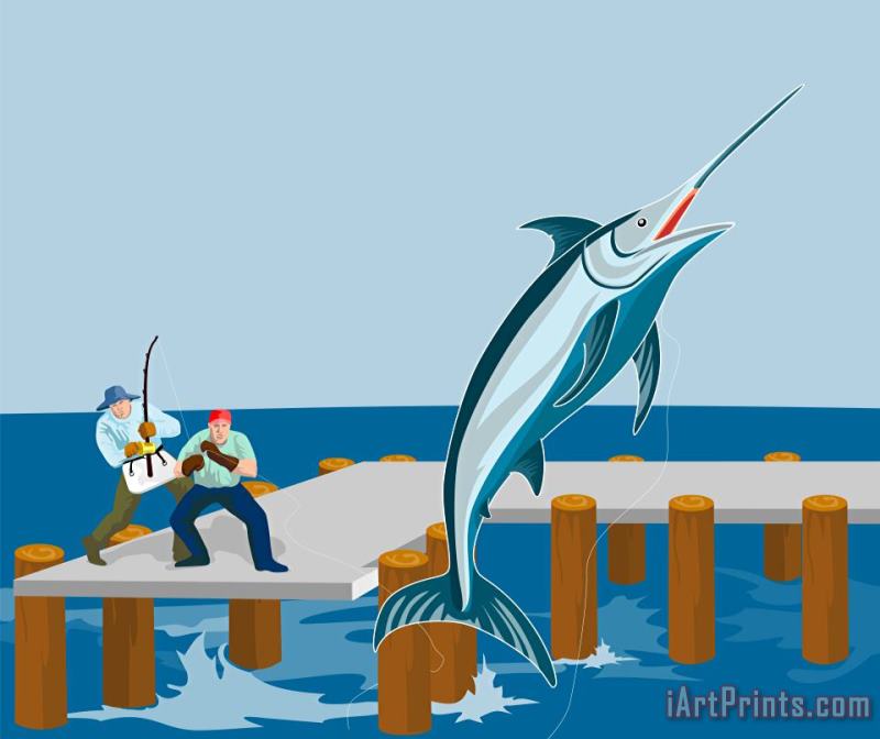 Blue Marlin Fish Jumping Retro painting - Collection 10 Blue Marlin Fish Jumping Retro Art Print