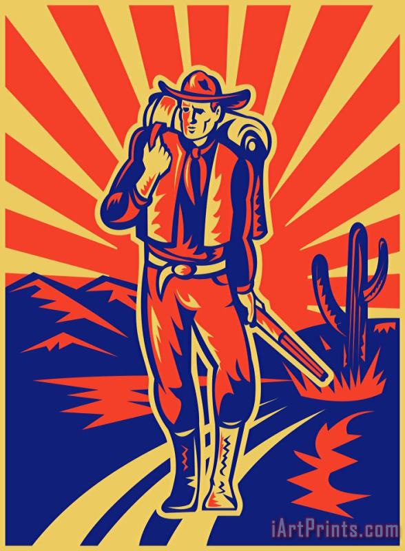 Collection 10 Cowboy with backpack and rifle walking Art Print