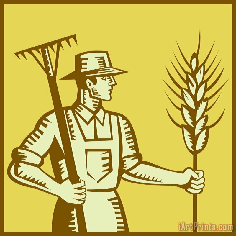 Farmer With Rake and Wheat Woodcut painting - Collection 10 Farmer With Rake and Wheat Woodcut Art Print