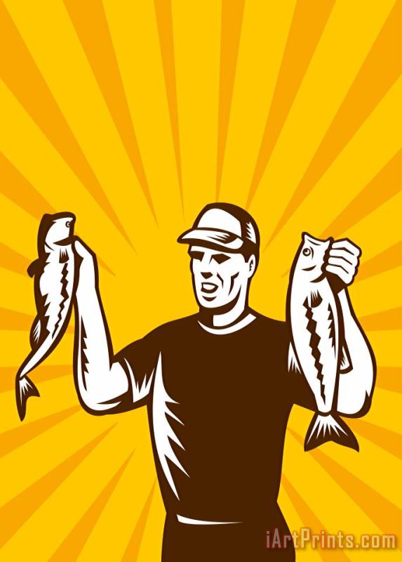 Fly Fisherman holding bass fish catch painting - Collection 10 Fly Fisherman holding bass fish catch Art Print