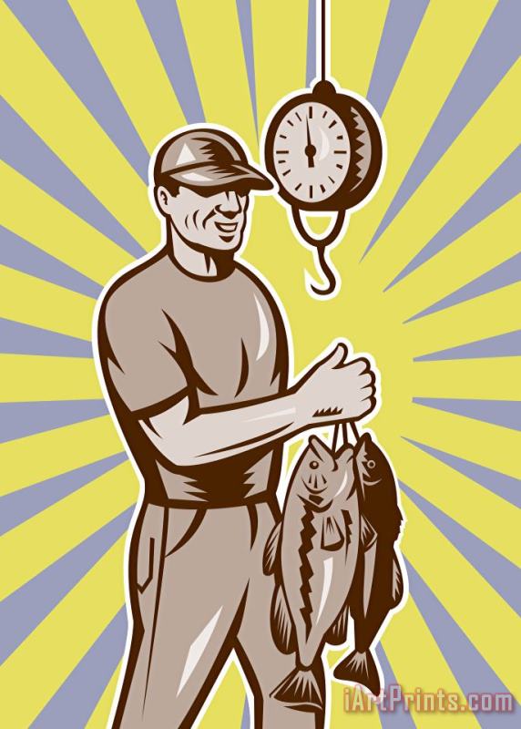 Fly Fisherman weighing in fish catch painting - Collection 10 Fly Fisherman weighing in fish catch Art Print