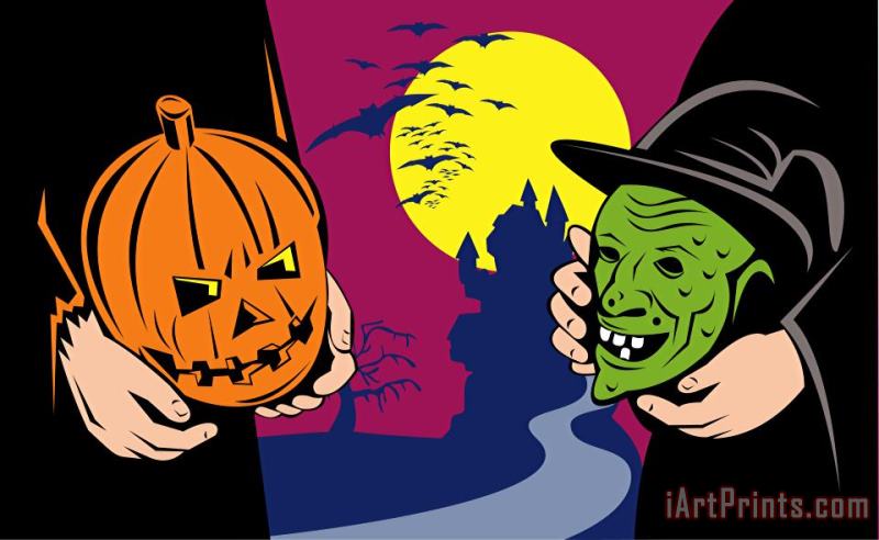 Collection 10 Halloween Mask Jack-O-Lantern Witch Retro Art Painting