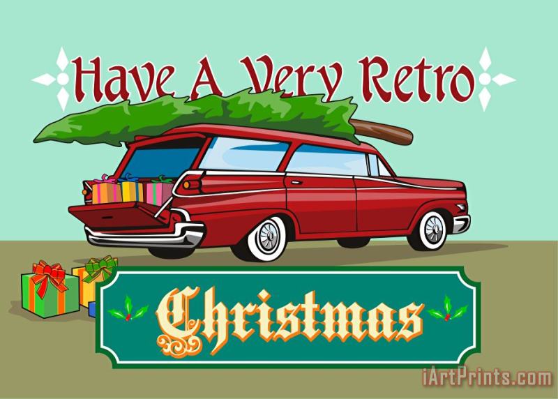 Collection 10 Retro Christmas Tree Station Wagon Art Painting