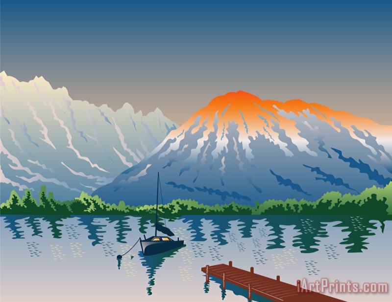 Collection 10 Sailboat Jetty Mountains Retro Art Painting
