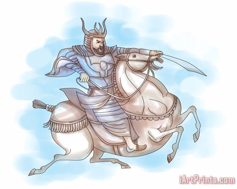 Samurai warrior with sword riding horse painting - Collection 10 Samurai warrior with sword riding horse Art Print