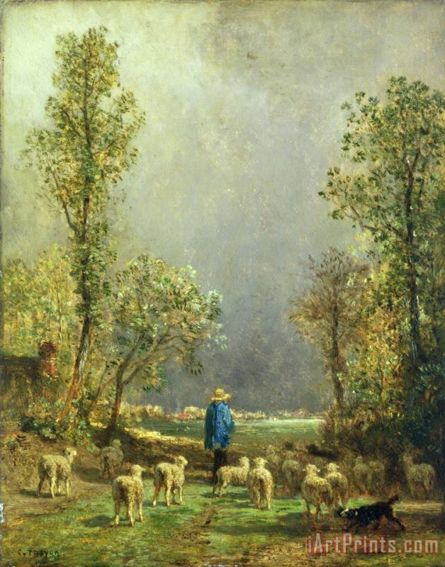 Sheep watching a Storm painting - Constant-Emile Troyon Sheep watching a Storm Art Print