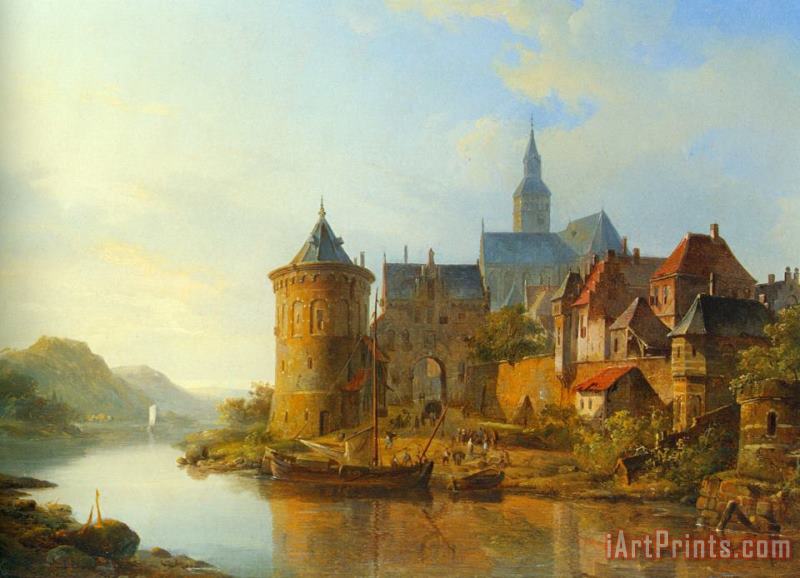 Cornelis Springer A View of a Town Along The Rhine Art Print