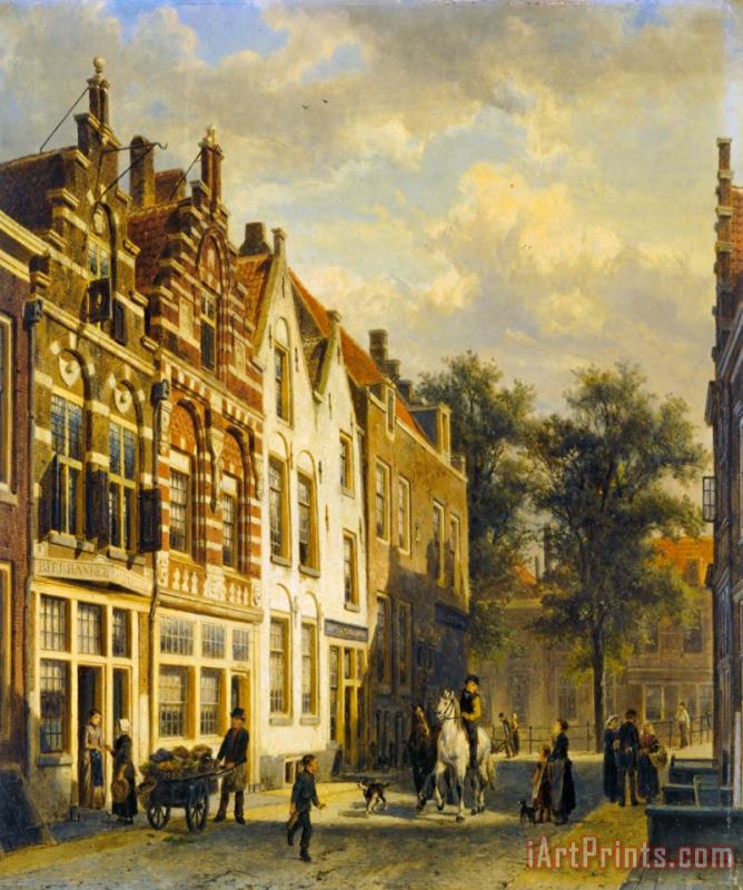 Cornelis Springer Figures in The Sunlit Streets of a Dutch Town Art Print