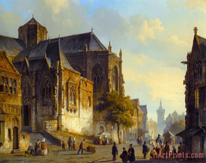 Cornelis Springer Figures on a Market Square in a Dutch Town Art Painting