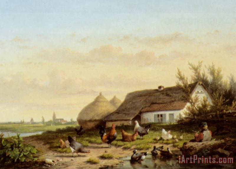 Cornelis Van Leemputten Farmyard with Chicken And Ducks Art Painting