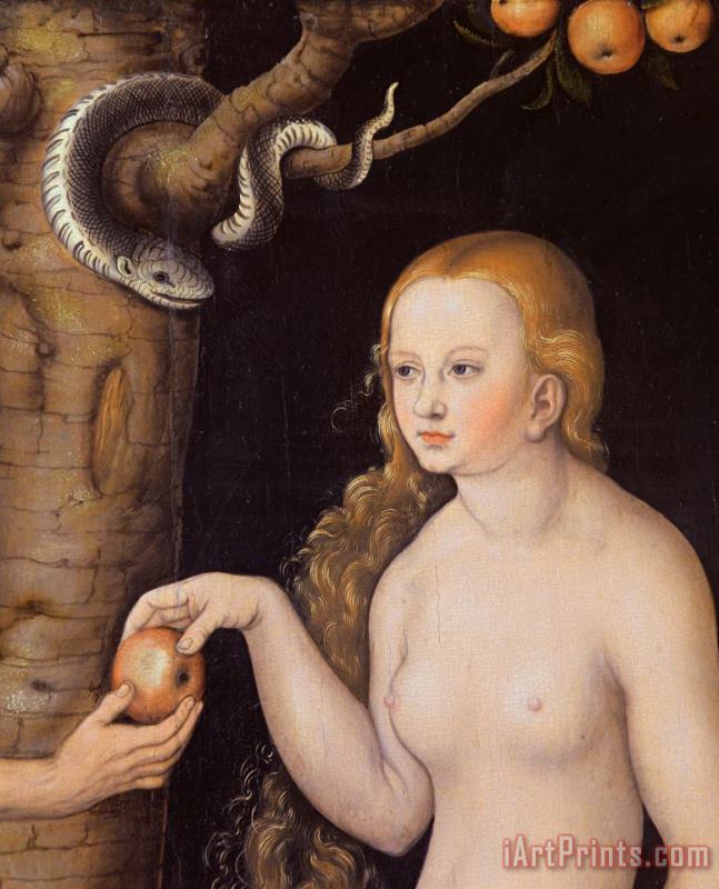 Eve offering the apple to Adam in the Garden of Eden and the serpent painting - Cranach Eve offering the apple to Adam in the Garden of Eden and the serpent Art Print