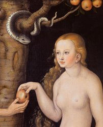 Cranach Eve offering the apple to Adam in the Garden of Eden and the serpent painting