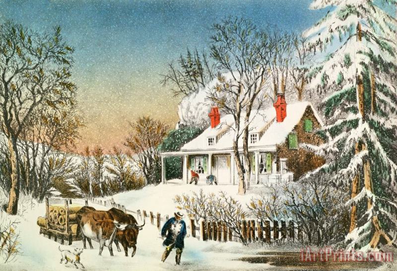 Currier and Ives Bringing Home the Logs Art Painting