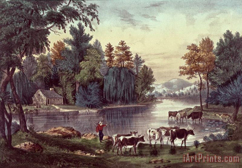 Currier and Ives Cows on the Shore of a Lake Art Painting