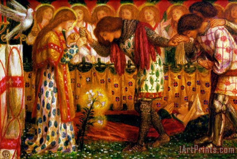 How Sir Galahad, Sir Bors And Sir Percival Were Fed with The Sanc Grael; But Sir Percival's Sister Died by The Way painting - Dante Gabriel Rossetti How Sir Galahad, Sir Bors And Sir Percival Were Fed with The Sanc Grael; But Sir Percival's Sister Died by The Way Art Print