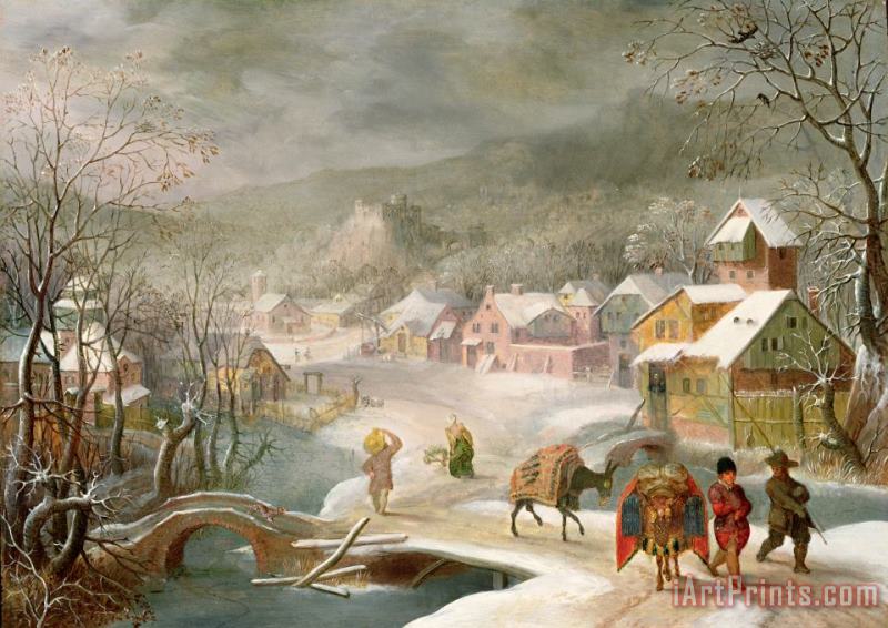 A Winter Landscape with Travellers on a Path painting - Denys van Alsloot A Winter Landscape with Travellers on a Path Art Print