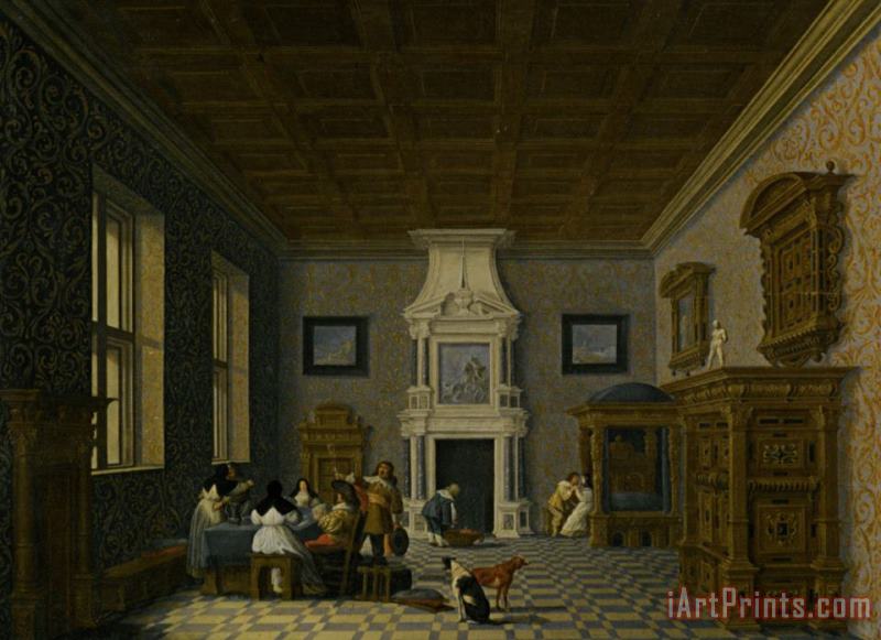 A Palace Interior with Cavaliers Cavorting with Nuns painting - Dirck Van Delen A Palace Interior with Cavaliers Cavorting with Nuns Art Print