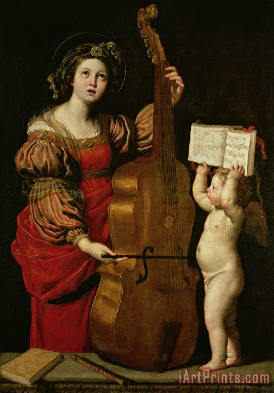 St. Cecilia with an angel holding a musical score painting - Domenichino St. Cecilia with an angel holding a musical score Art Print