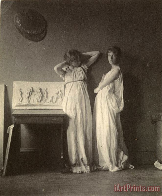 Two Female Models in Classical Costume with Eakins' Sculpture Arcadia painting - Eadweard J. Muybridge Two Female Models in Classical Costume with Eakins' Sculpture Arcadia Art Print