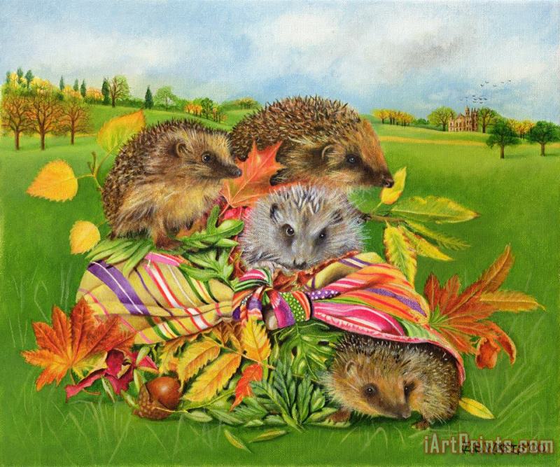 Hedgehogs Inside Scarf painting - EB Watts Hedgehogs Inside Scarf Art Print