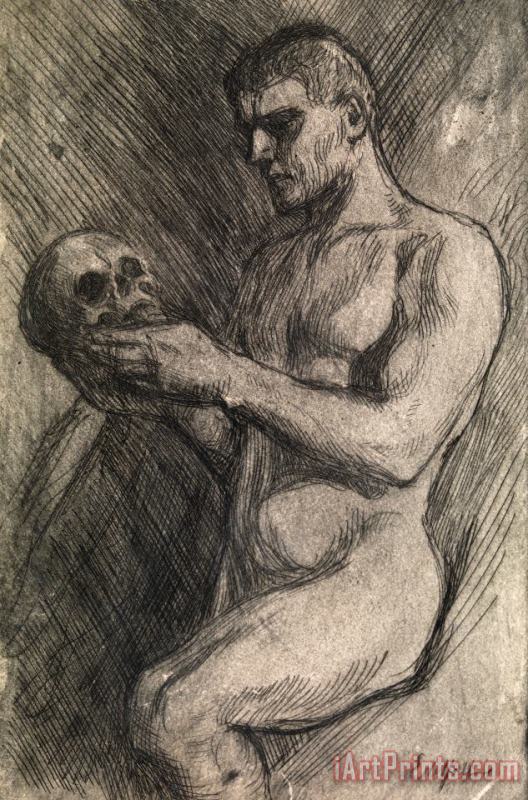 Ecole Francaise Naked Man And Skull Art Print