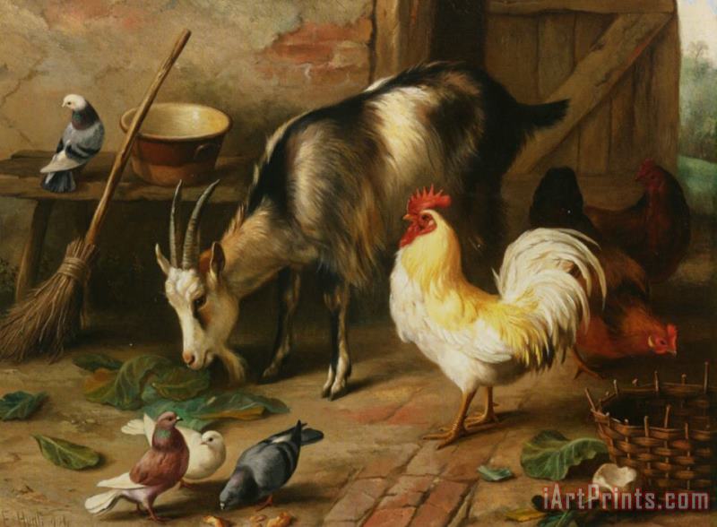 A Goat Chicken And Doves in a Stable painting - Edgar Hunt A Goat Chicken And Doves in a Stable Art Print