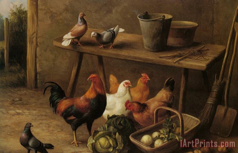Edgar Hunt Chickens And Pigeons in a Farmyard Art Painting