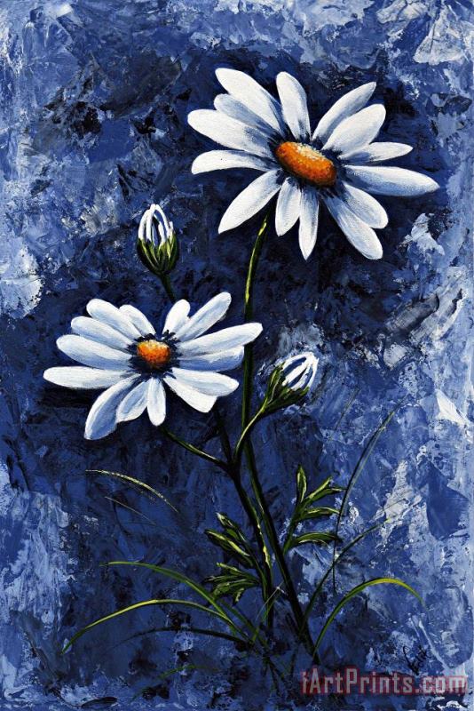 My flowers - Daisies blue painting - Edit Voros My flowers - Daisies blue Art Print